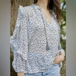 Ulla Johnson Navy and White Patterned Boho Blouse // Ruffles // Size Small